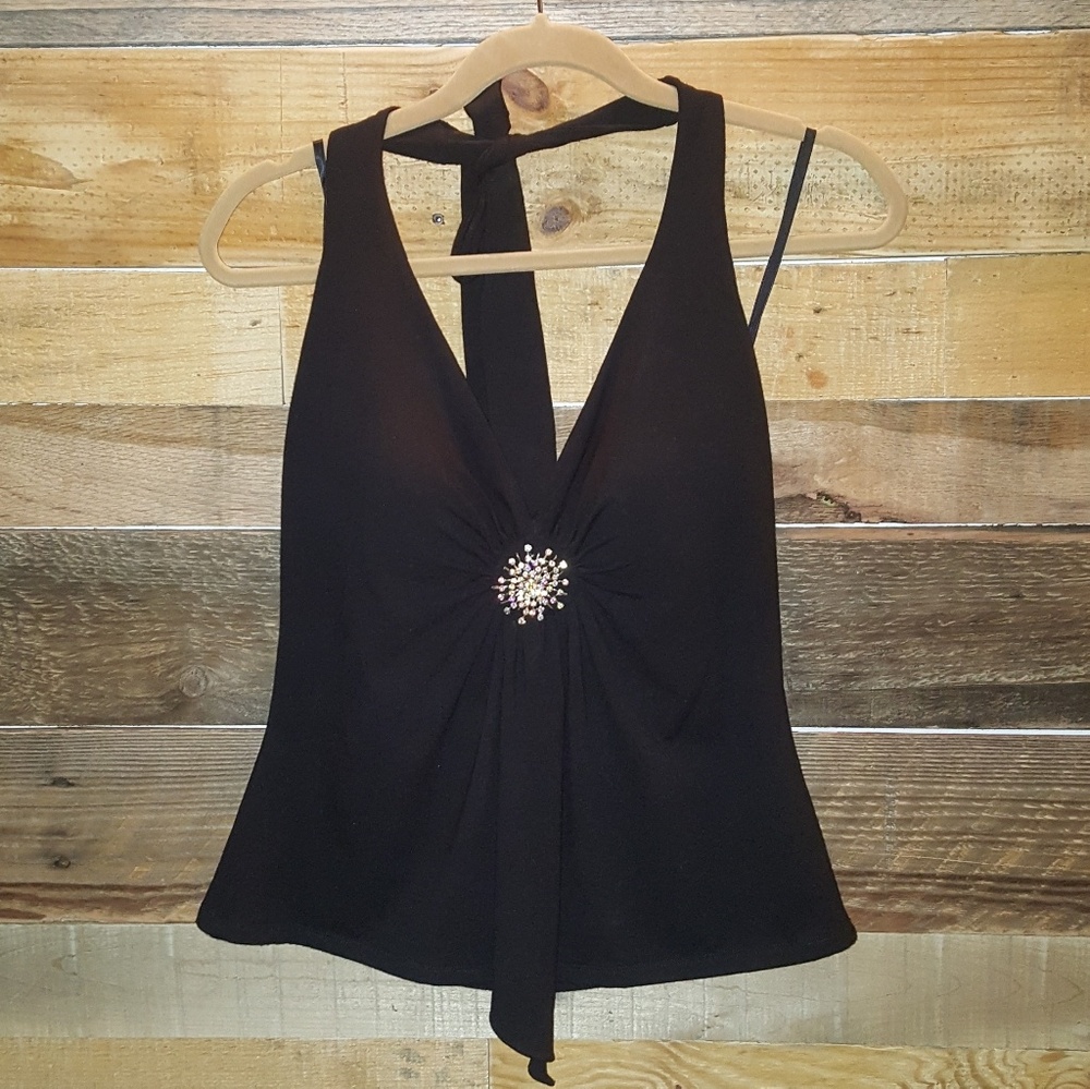 CACHE BLACK HALTER BROOCH TOP